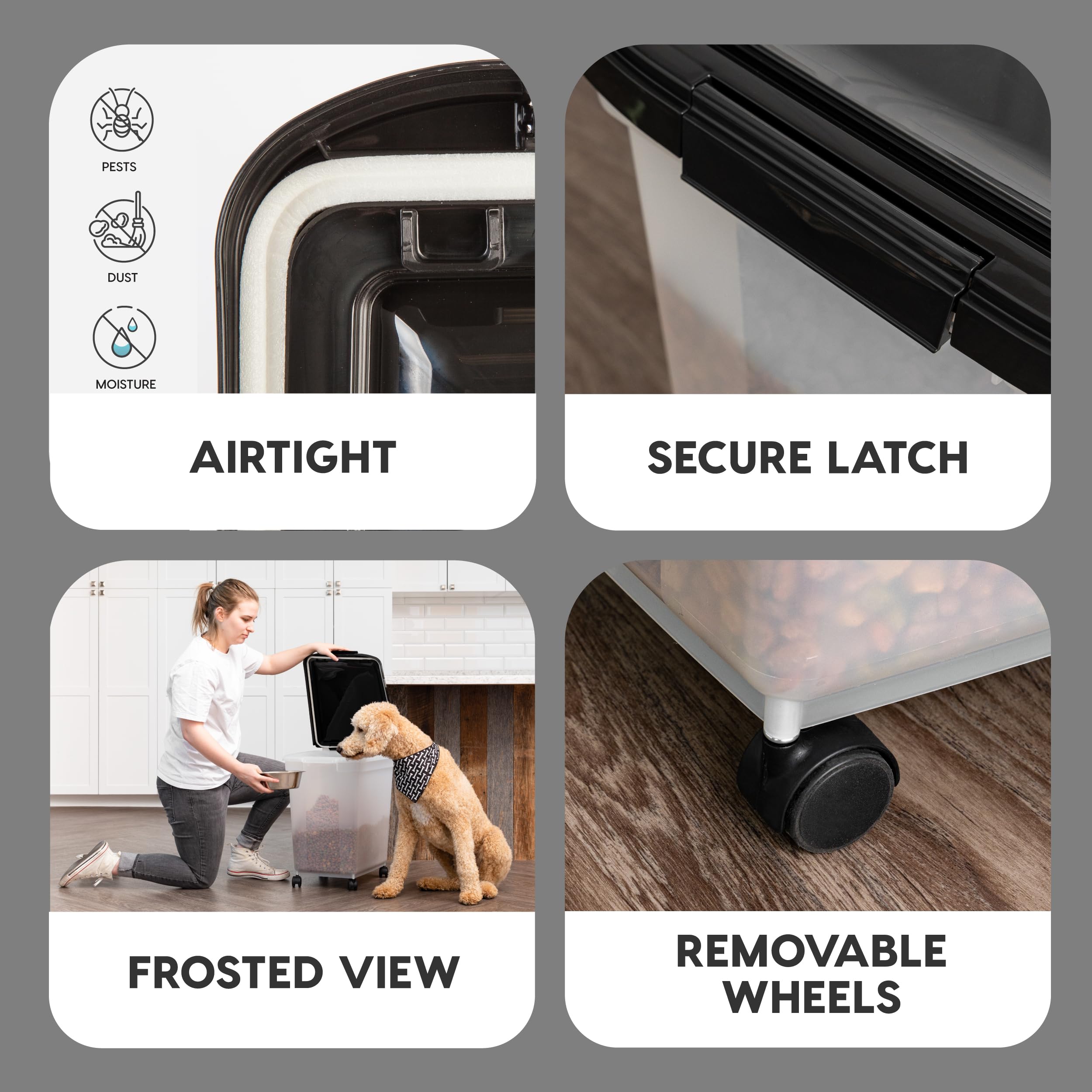 IRIS USA WeatherPro removable wheels for easy mobility around the kitchen.