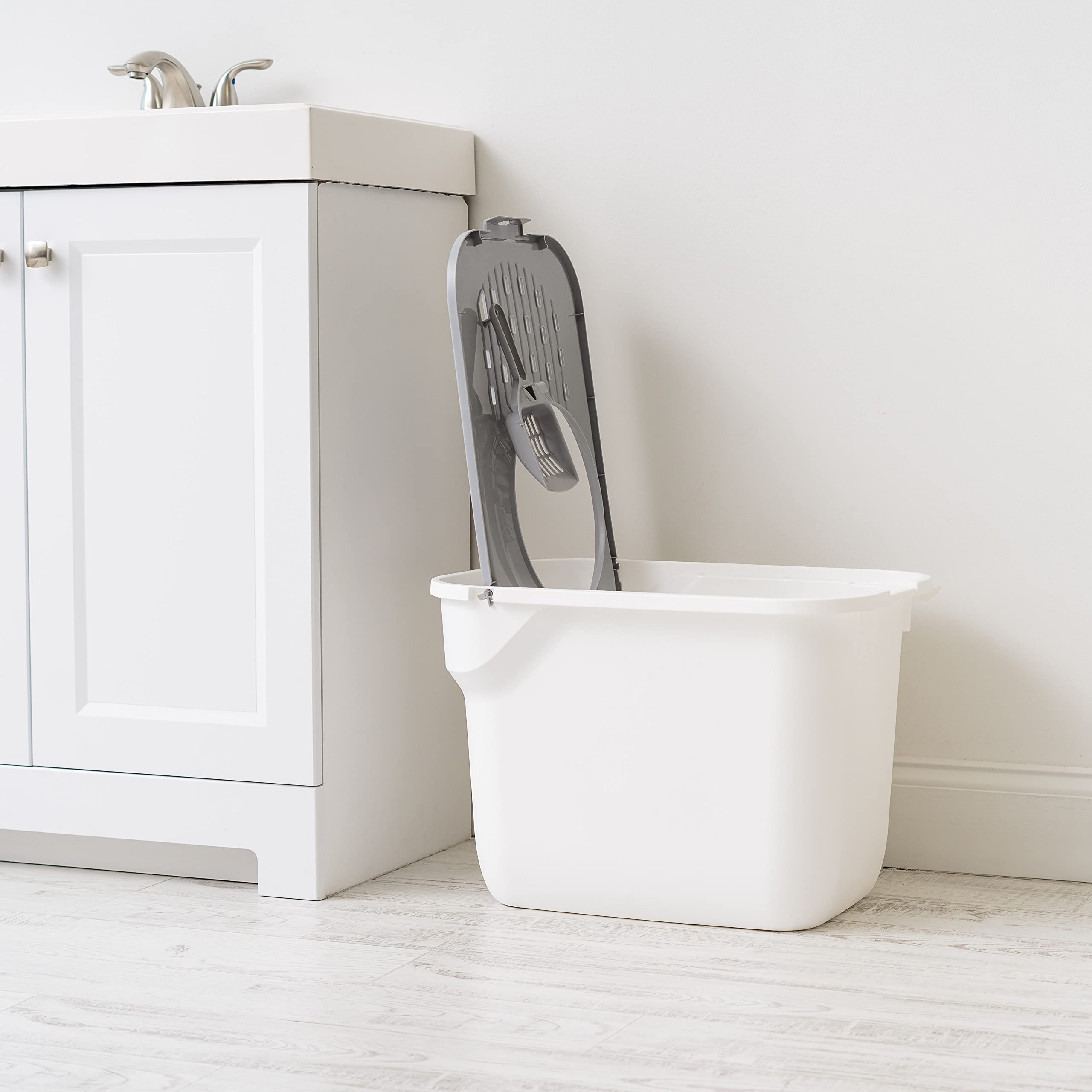 IRIS USA white and gray litter box fits home décor