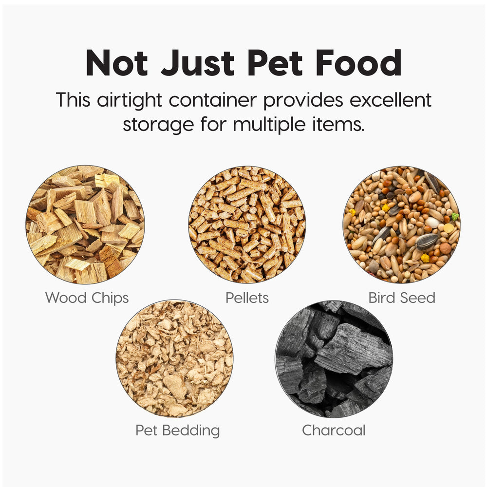 Sturdy storage for kibble, seeds, pellets, and treats across pets.