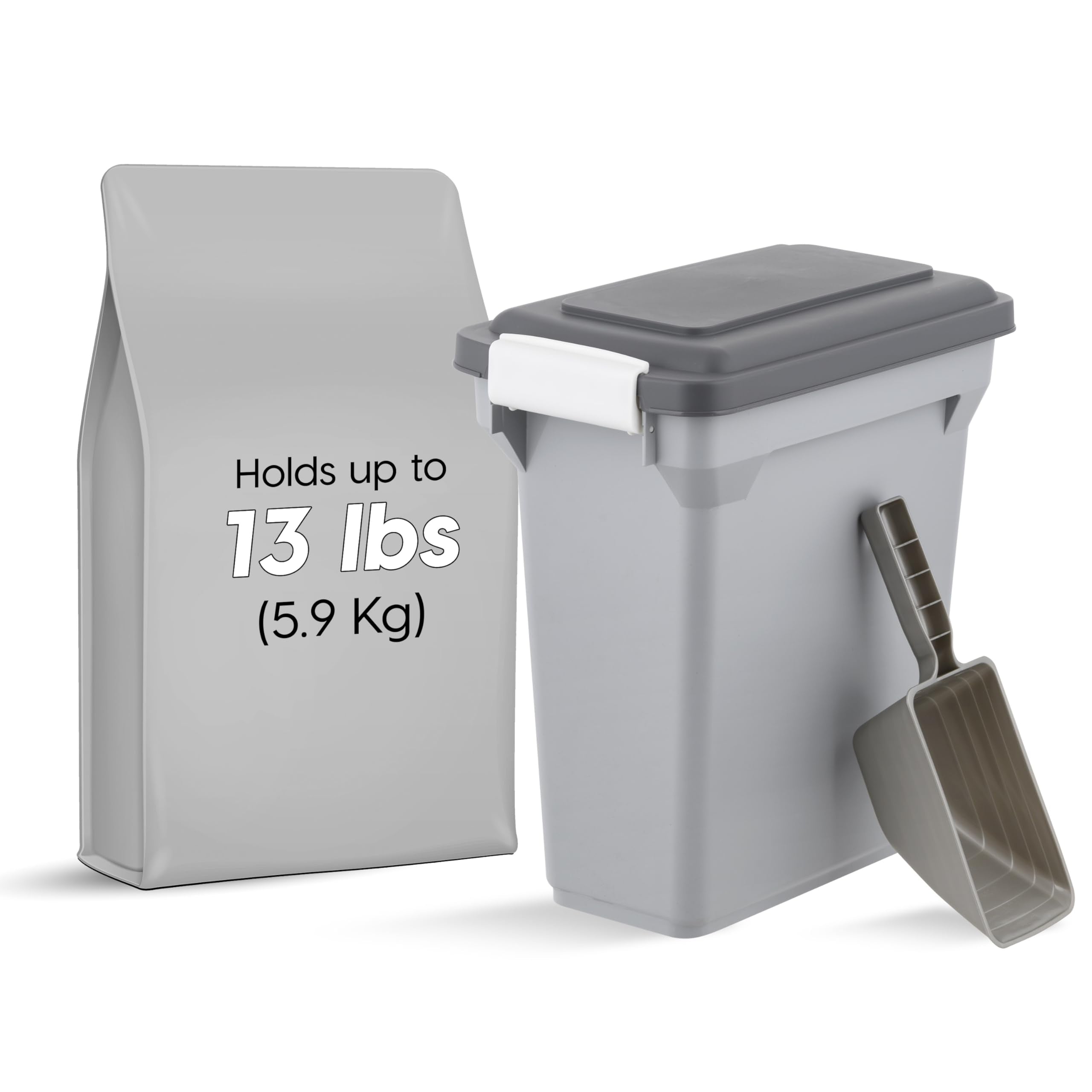 IRIS USA container with 2-cup scoop enables precise portioning at mealtime.