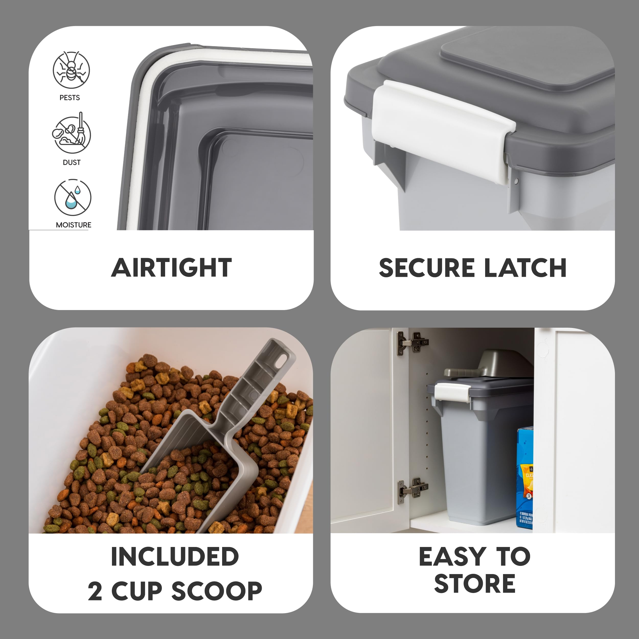 IRIS USA container in grey design adds style to the feeding area.