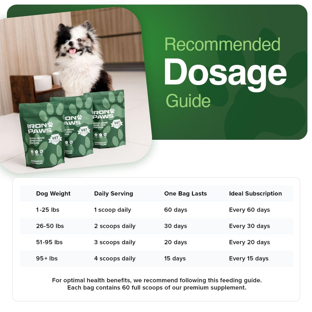 Iron Paws dog powder scoop dispensing an easy serving into meals