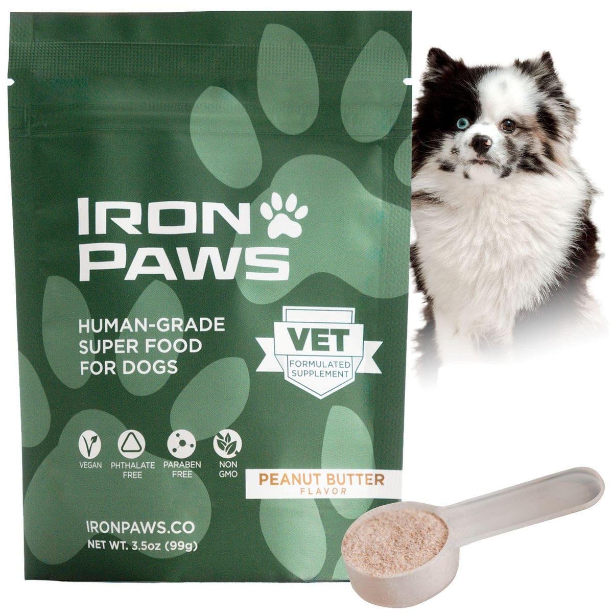 Iron Paws dog superfood tub with greens blend for daily vitality.