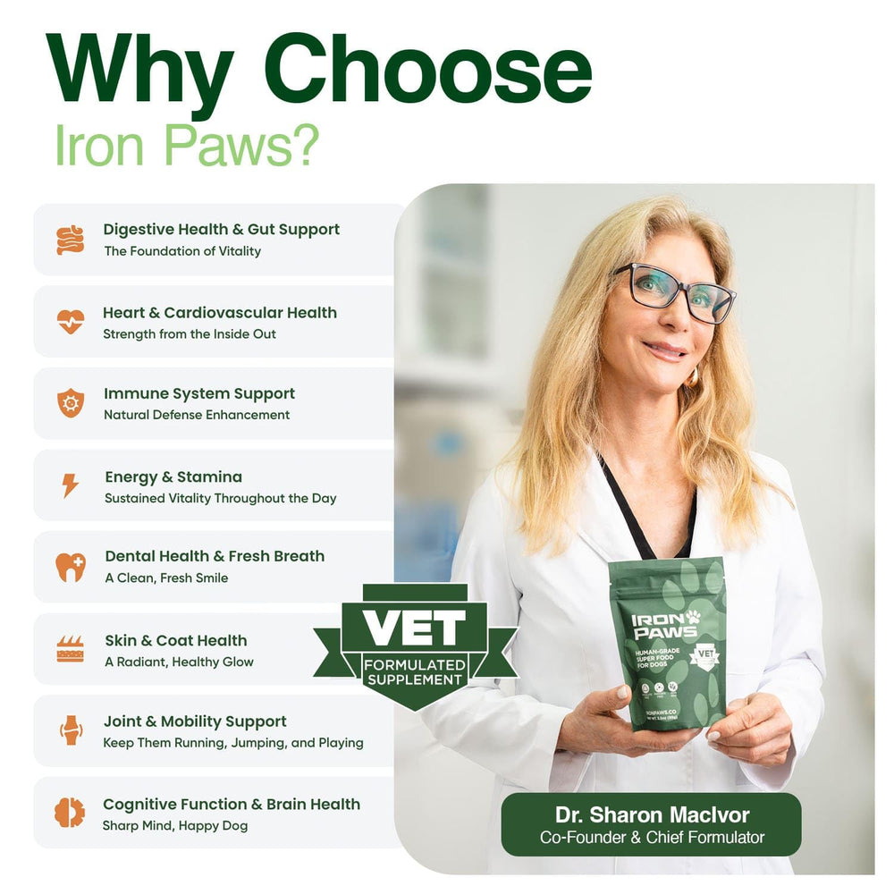 Iron Paws probiotic blend close-up hinting digestive balance support