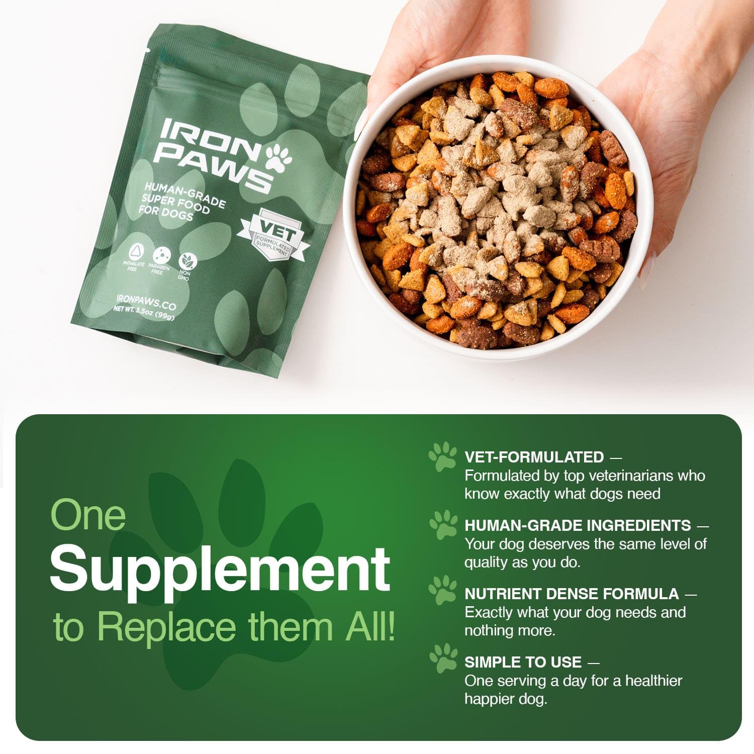 Iron Paws skin and coat imagery suggesting shinier, healthier fur