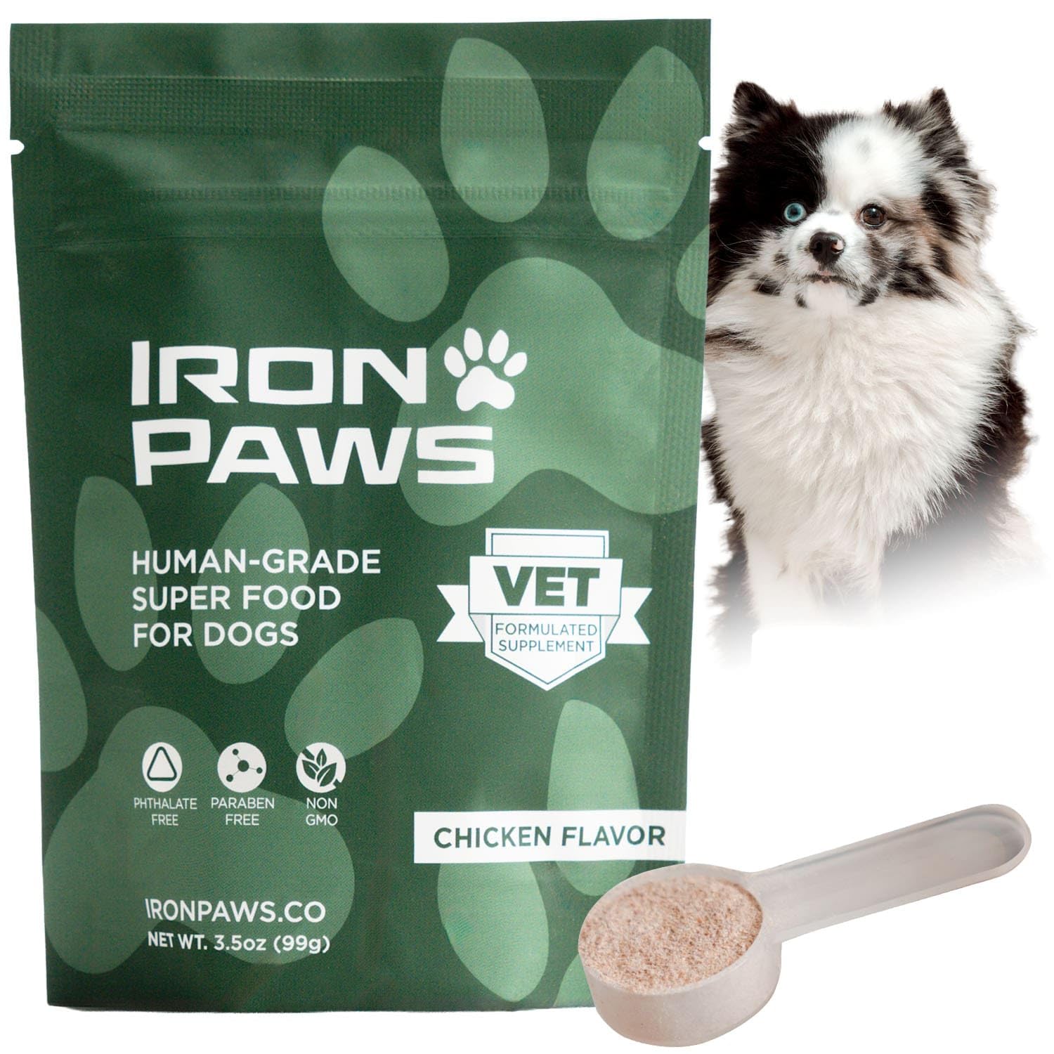 Iron Paws superfood dog powder tub showcasing a nutrient-dense greens blend for daily vitality