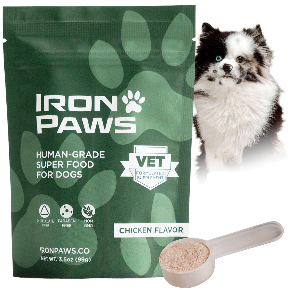 Iron Paws superfood dog powder tub showcasing a nutrient-dense greens blend for daily vitality