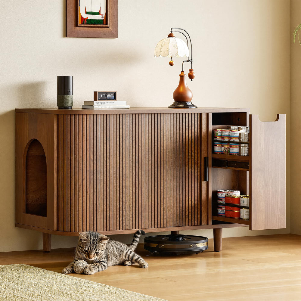 IRONCK cat litter box enclosure with tambour door; space-saving solution for living rooms.