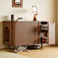 IRONCK cat litter box enclosure with tambour door; space-saving solution for living rooms.