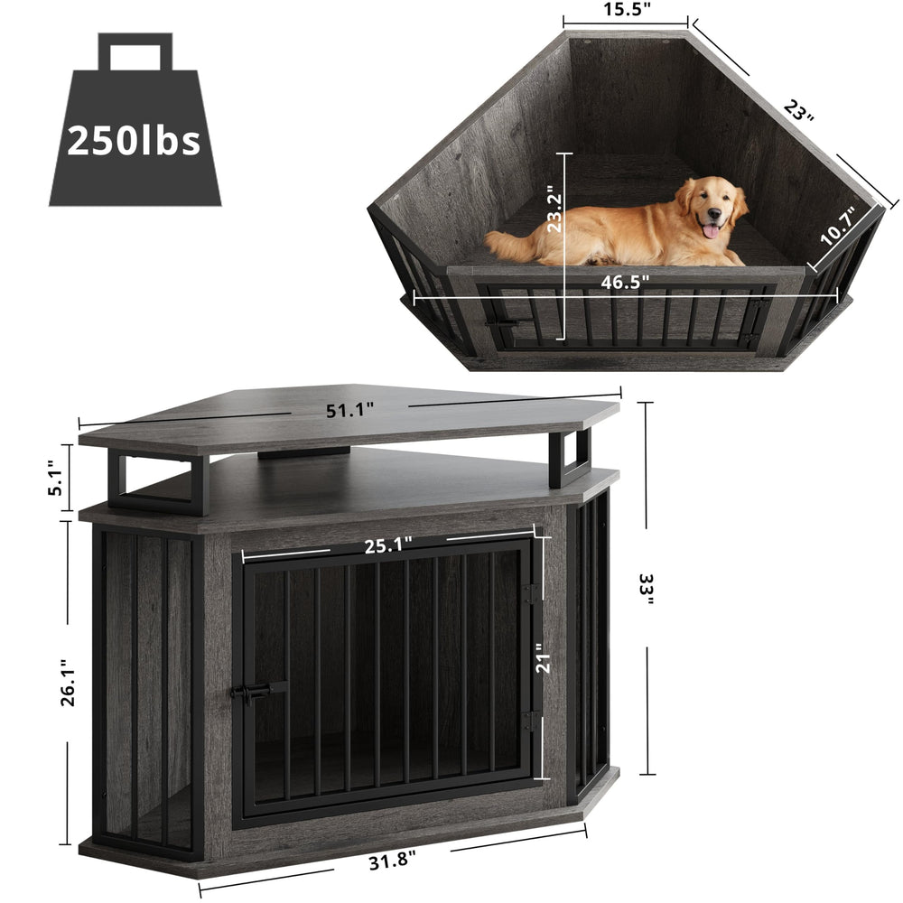 IRONCK corner dog crate 2-tier shelves providing extra storage for pet supplies.