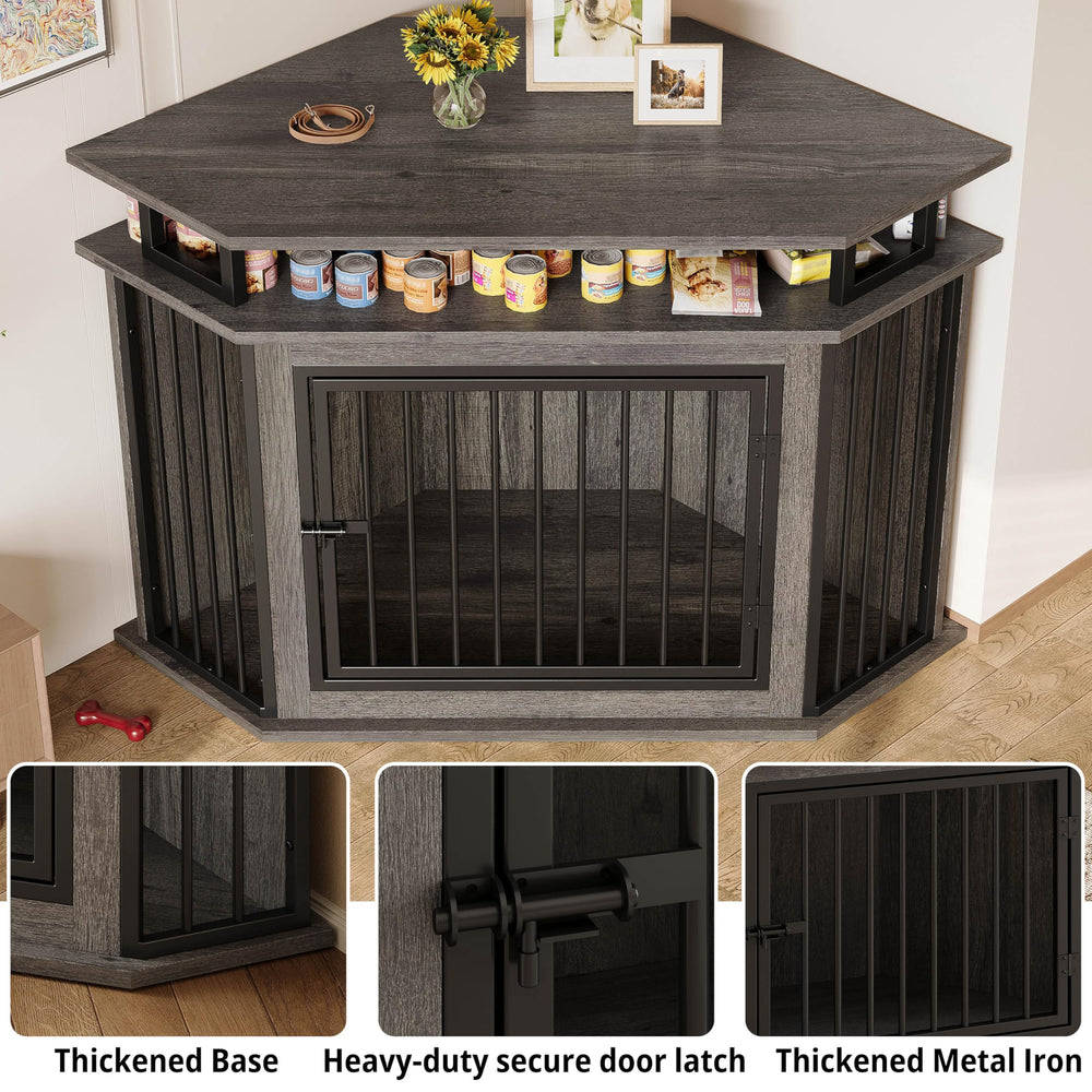 IRONCK corner dog crate features sturdy wooden frame.