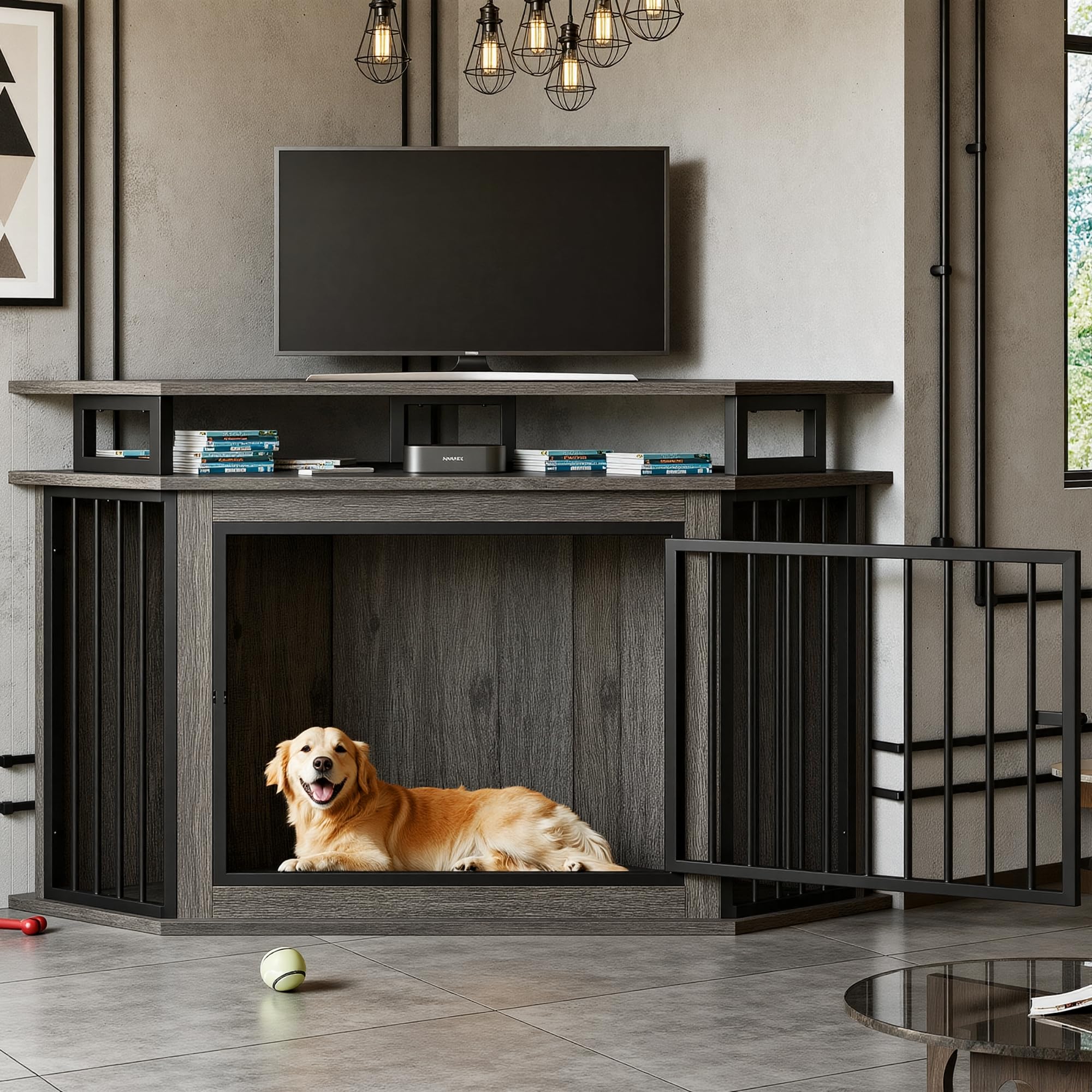 IRONCK corner dog crate shows a ventilated wooden design for airflow.