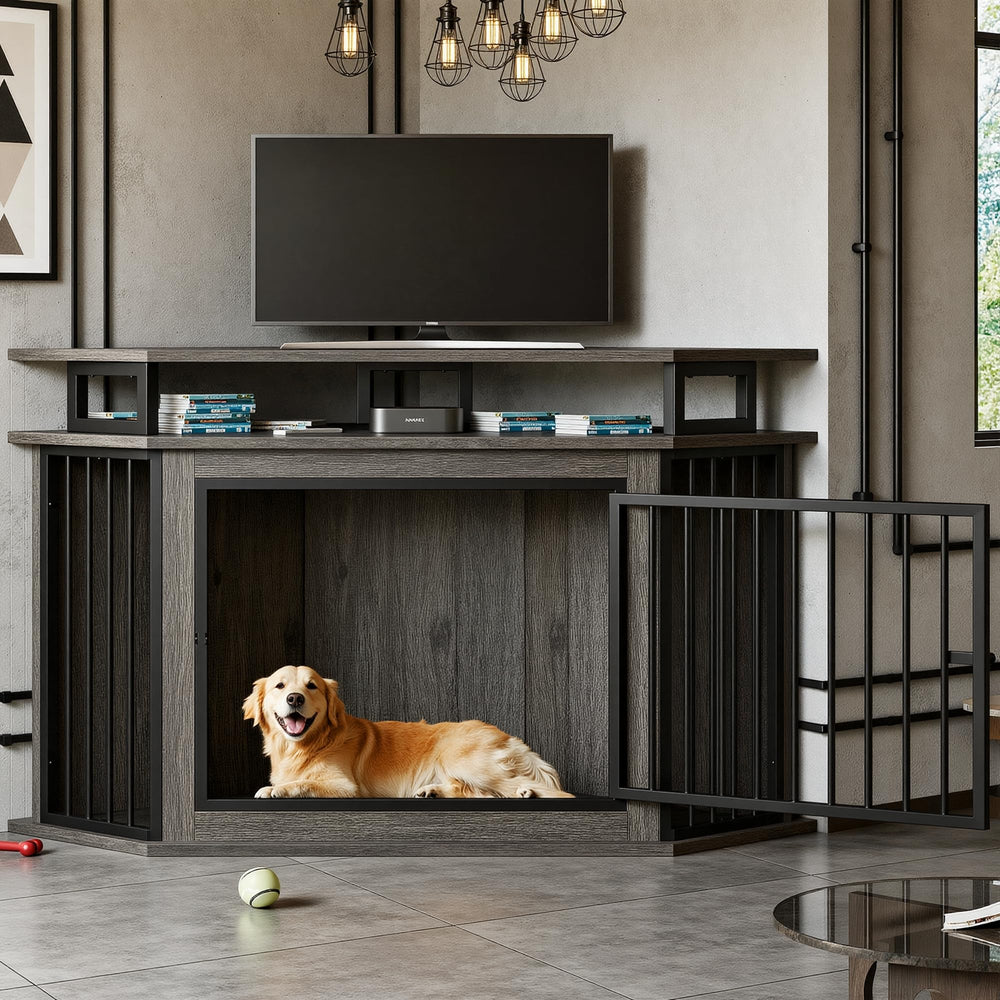 IRONCK corner dog crate shows a ventilated wooden design for airflow.