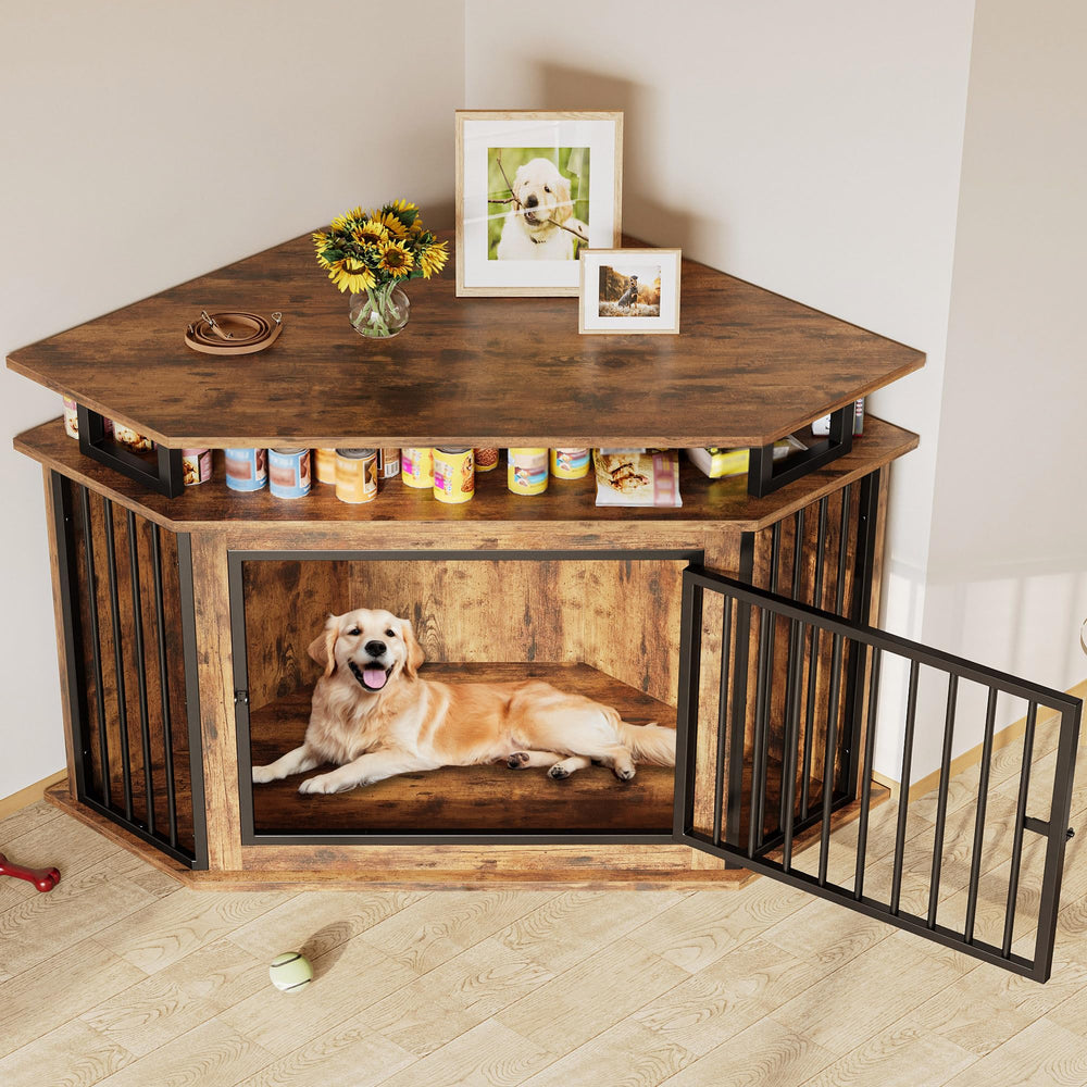 IRONCK corner dog crate living room setup hides the crate as furniture.