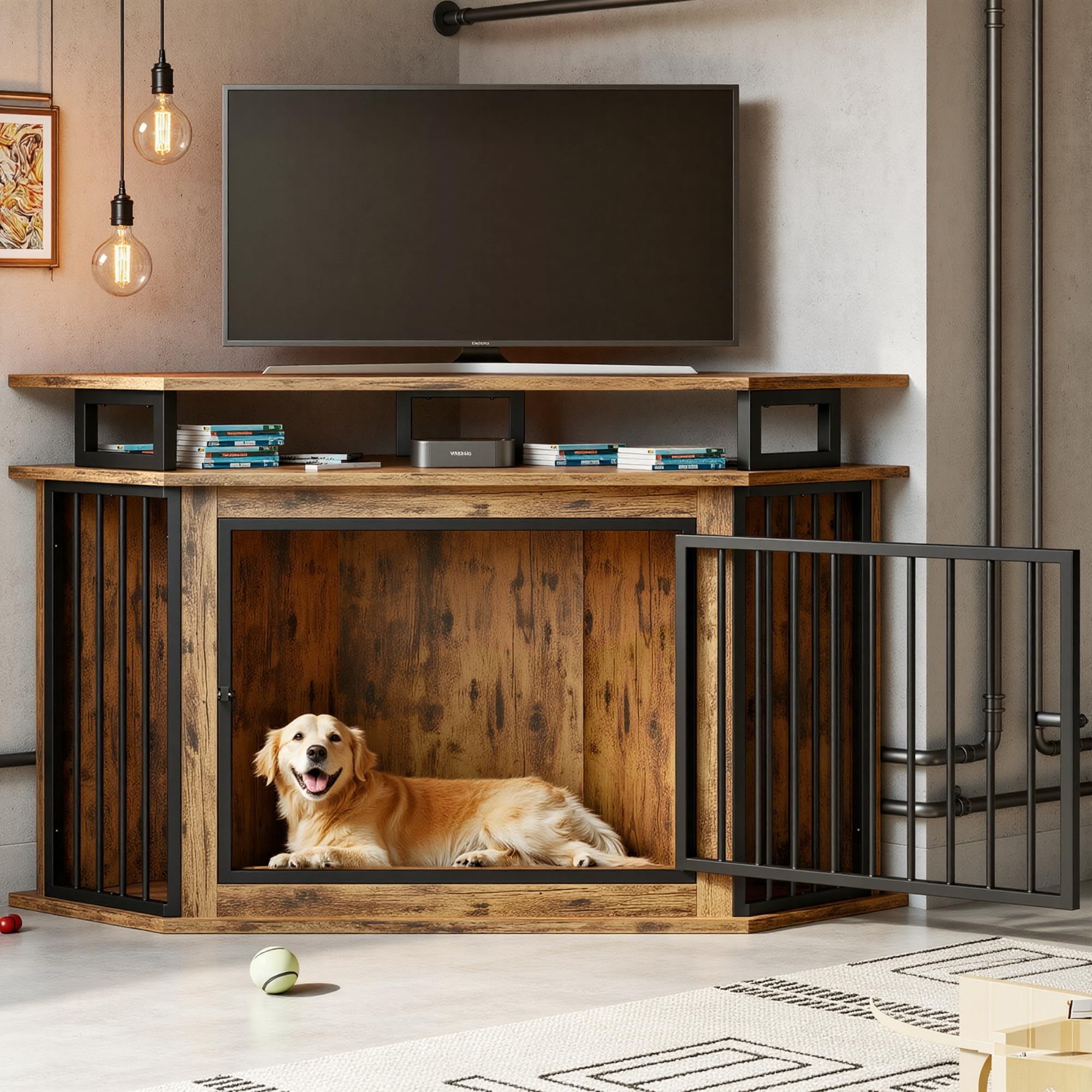 IRONCK corner dog crate tv stand top supports up to 200 lbs.