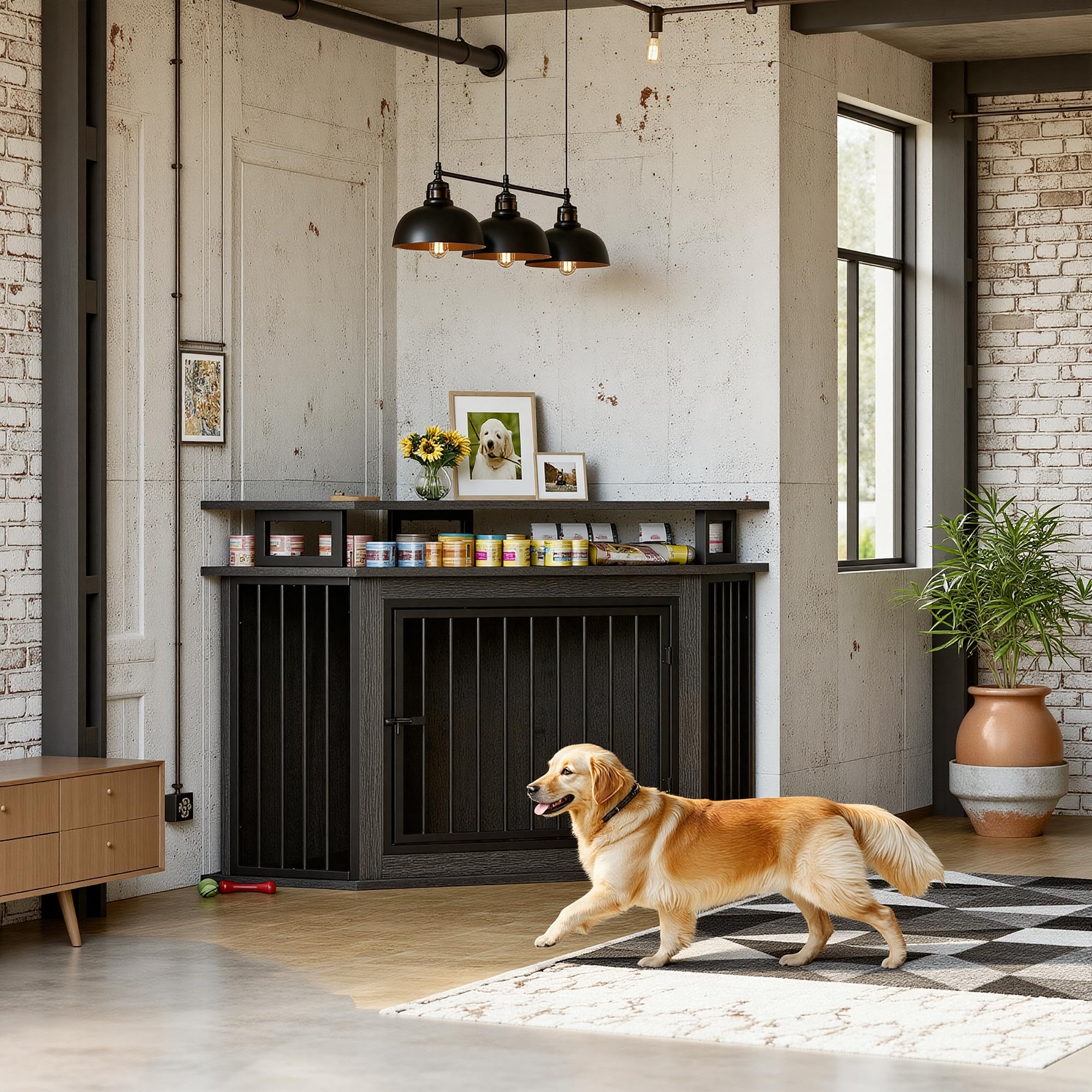 IRONCK corner dog crate doubles as a TV stand in a modern living room.