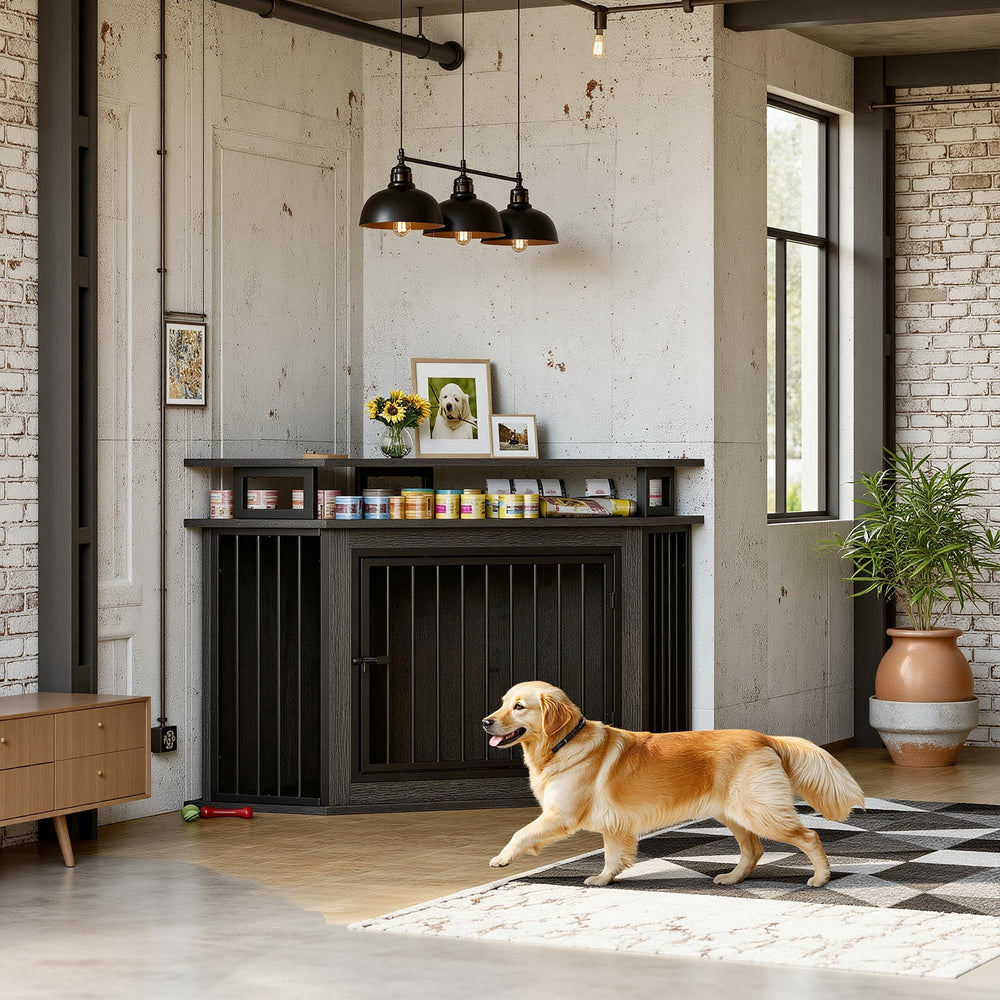 IRONCK corner dog crate doubles as a TV stand in a modern living room.
