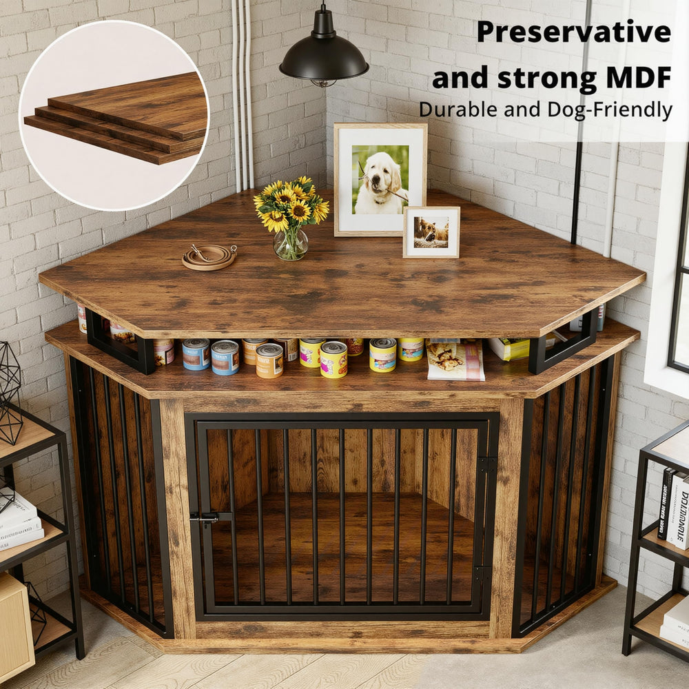 IRONCK corner dog crate two-tier shelves provide extra storage.