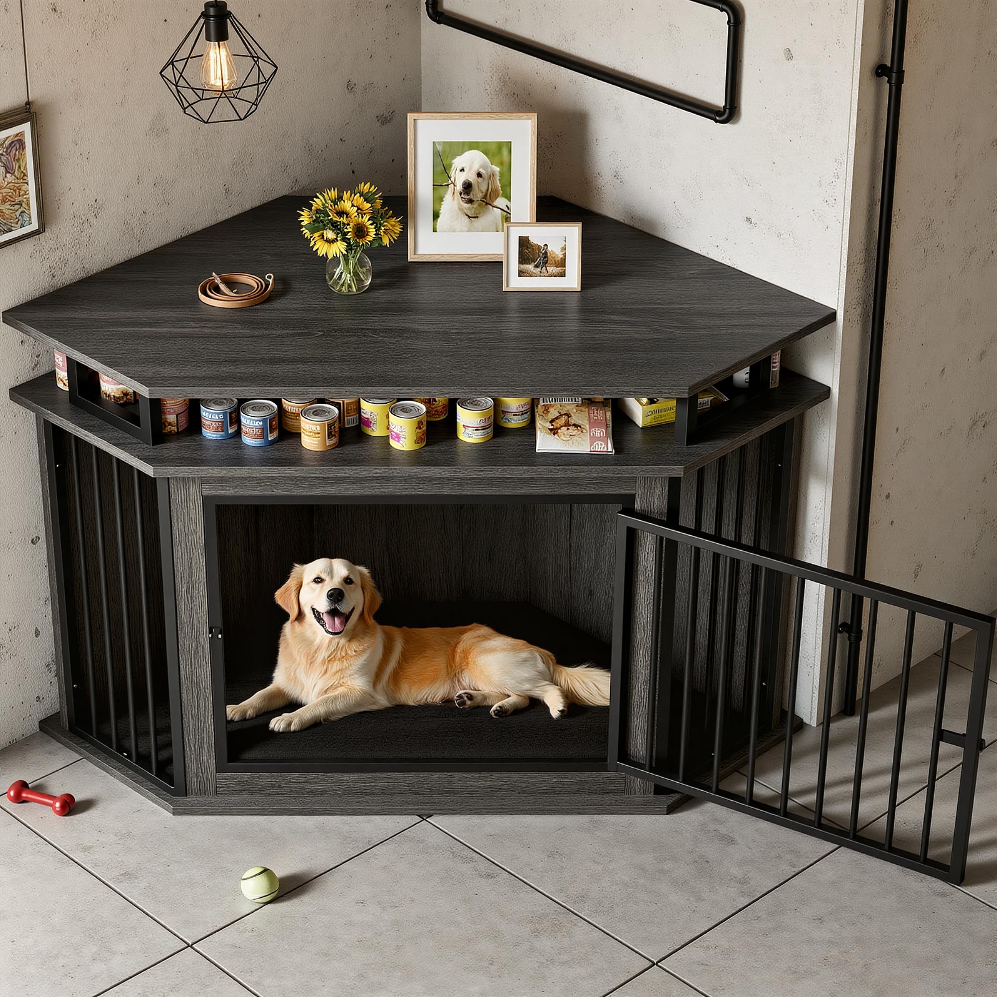 IRONCK corner dog crate features a secure metal door lock for containment.