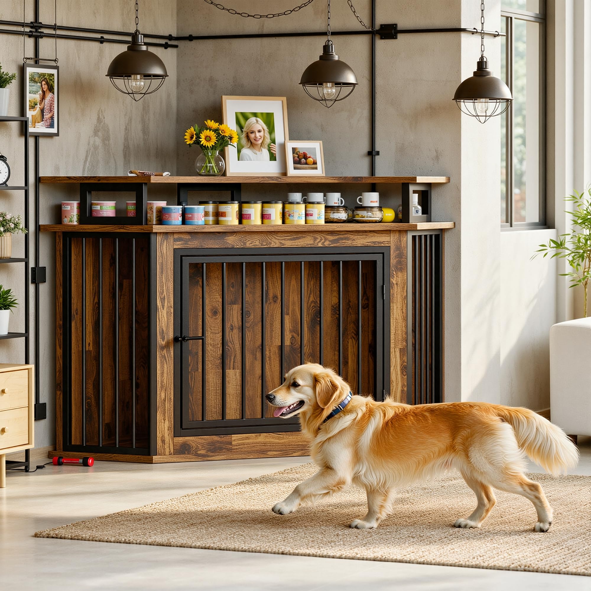 IRONCK corner dog crate wood panels emphasize natural material and vented airflow.