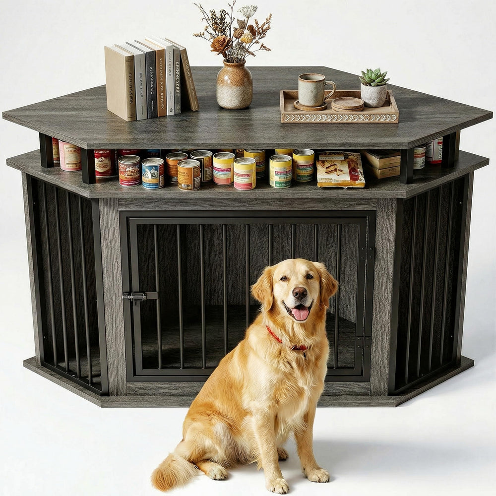 IRONCK corner dog crate with wooden frame for stylish, space-saving dog housing.