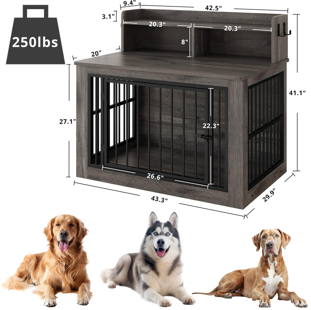 IRONCK extralarge dog crate furniture with built-in storage shelf detail