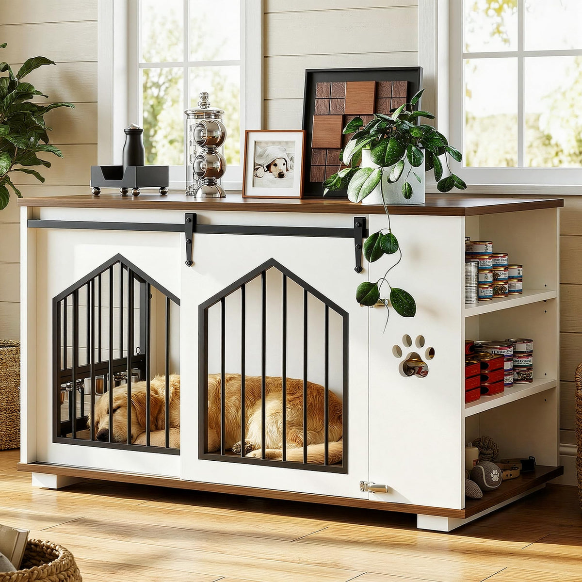 IRONCK large dog crate with barn doors; sturdy, stylish white kennel for home use.