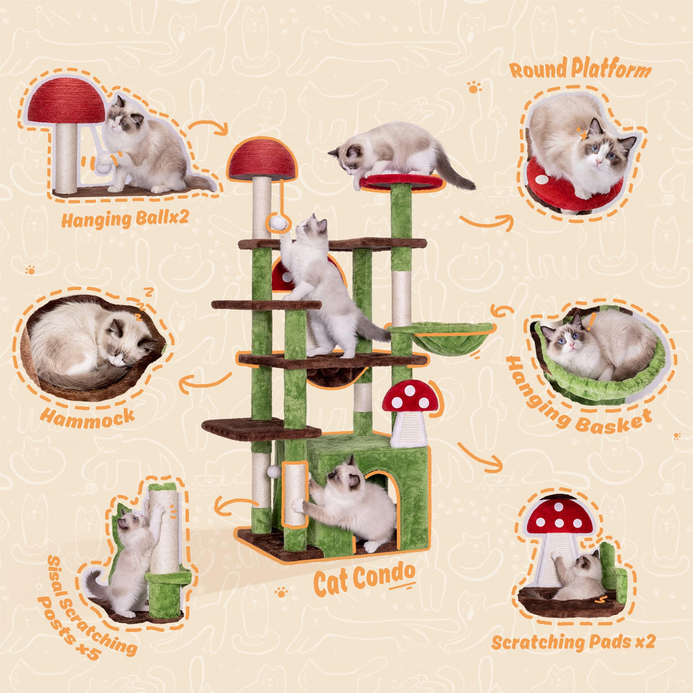 IRONCK mushroom cat tree 58-inch multi-level design for multiple cats