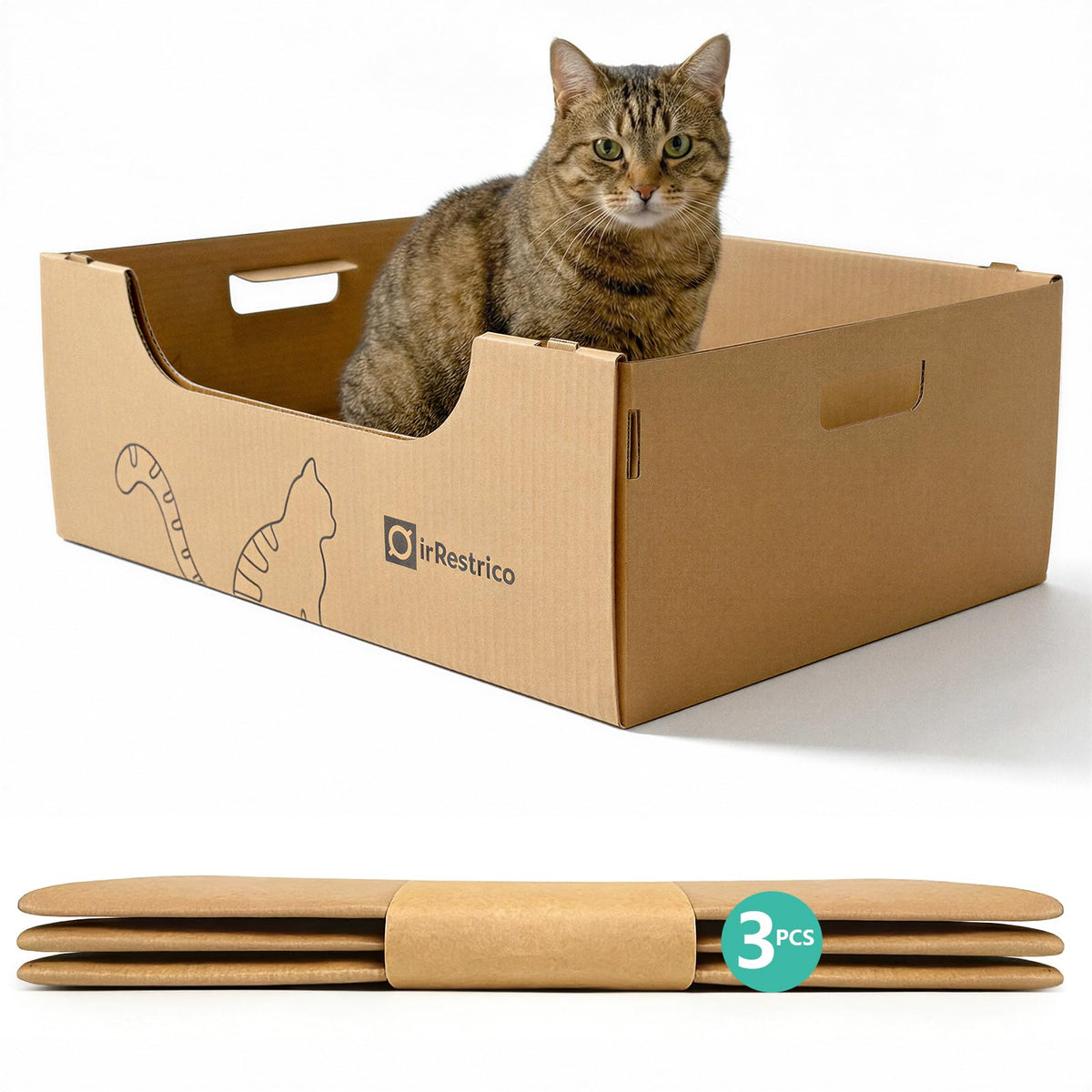 IRRESTRICO jumbo-disposable cat litter box with foldable travel design for on-the-go cat care.
