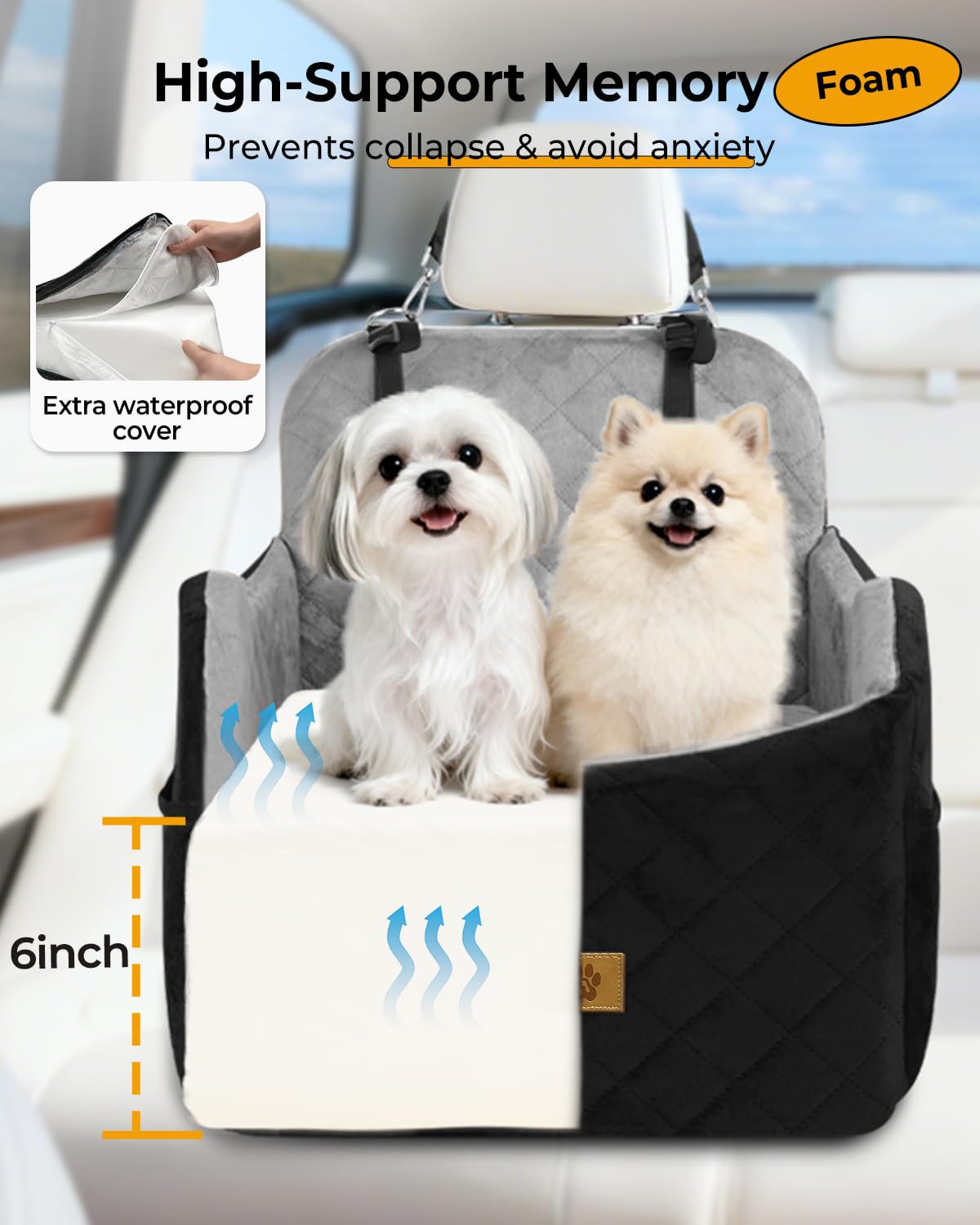 Ishineon dog car seat memory foam core providing plush support on the road.
