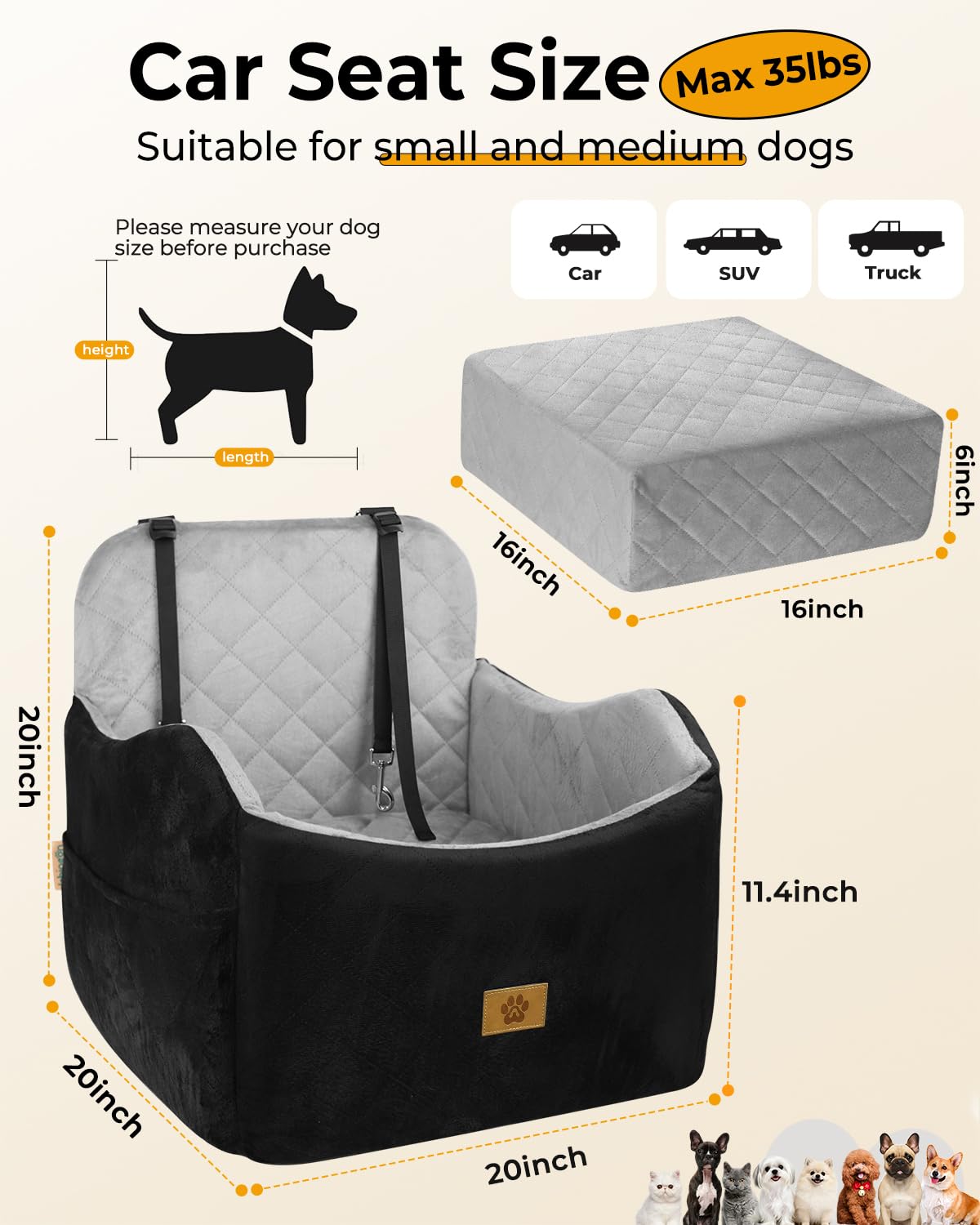 Ishineon dog car seat with side storage pockets for treats and toys.