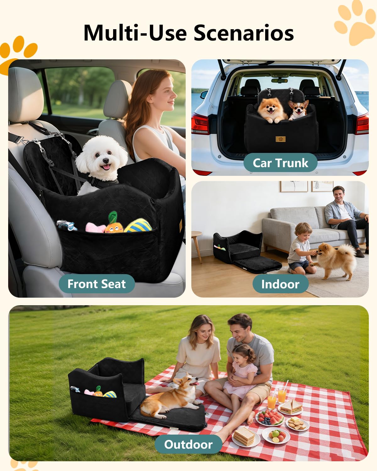 Ishineon dog seat storage pockets help you carry treats, leashes, and waste bags neatly.