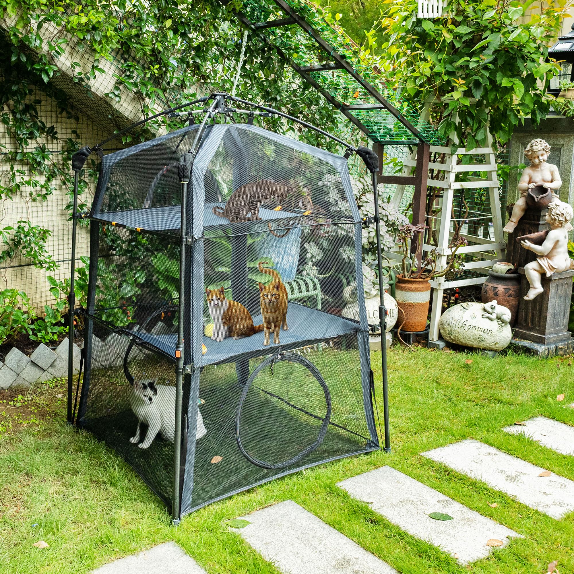 ITENT 3-tier cat tent showcasing spacious interior for litter box and bed
