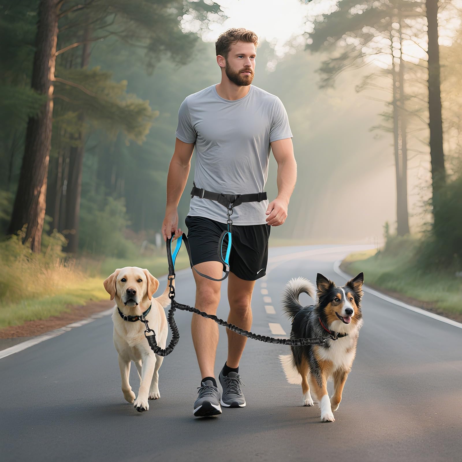 ITNAST lumbar-support waist belt enhances comfort during long walks with two dogs