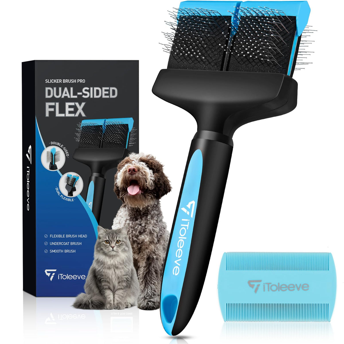 iToleeve Dual Flex Slicker Brush with dual-head design for gentle grooming.