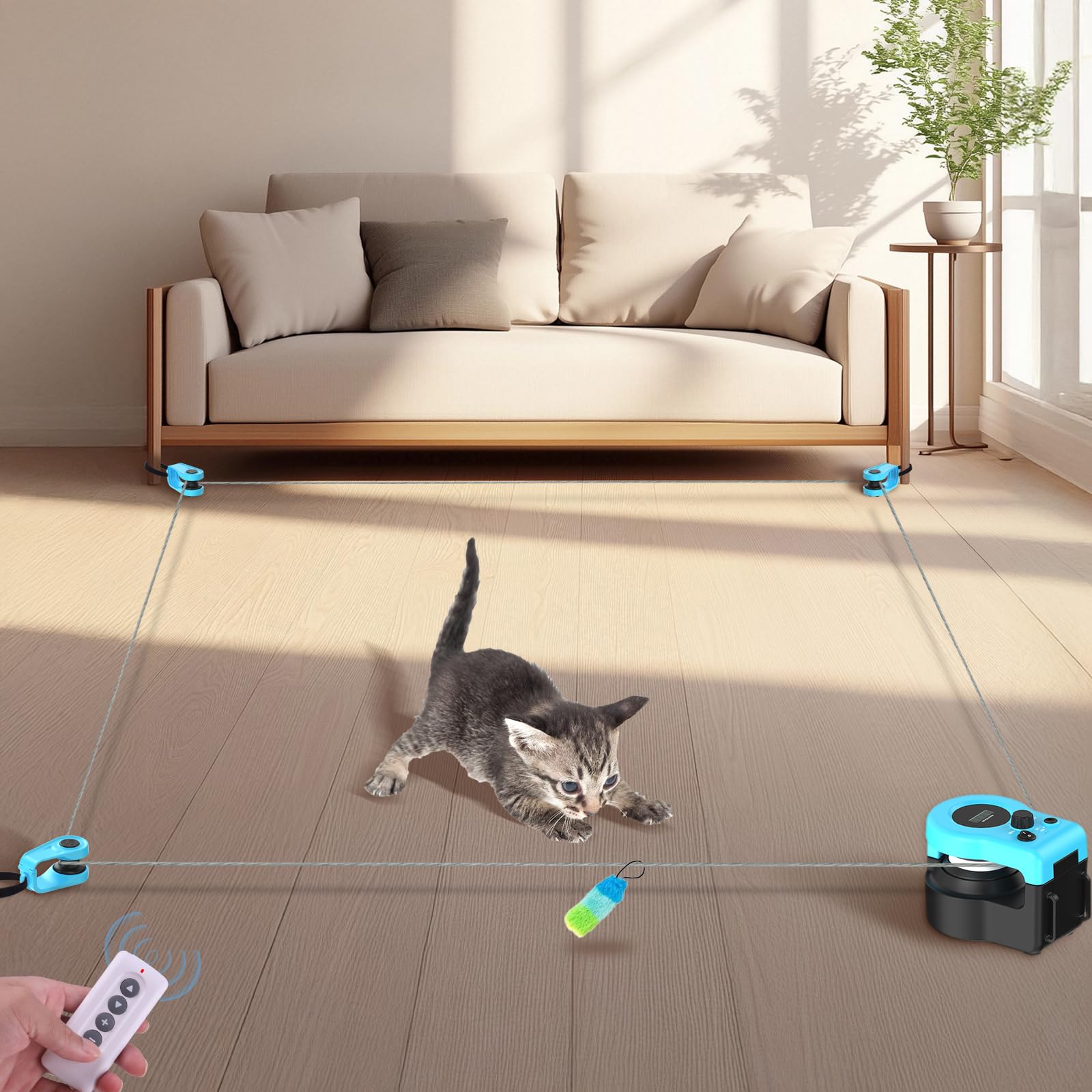 ITSHINY interactive cat treadmill blue side view showing compact indoor design