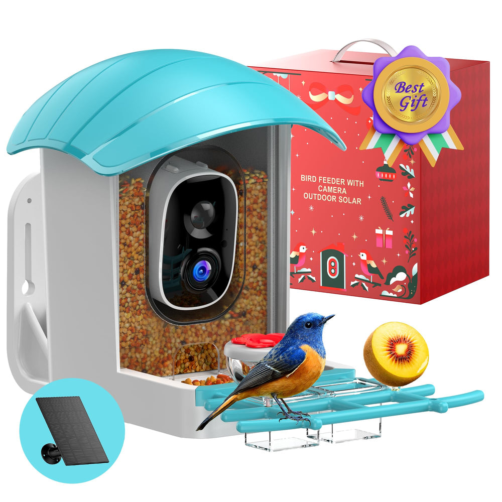 IUUZEUL Bird Feeder with Camera outdoors in sunlight, solar powered for live garden viewing.