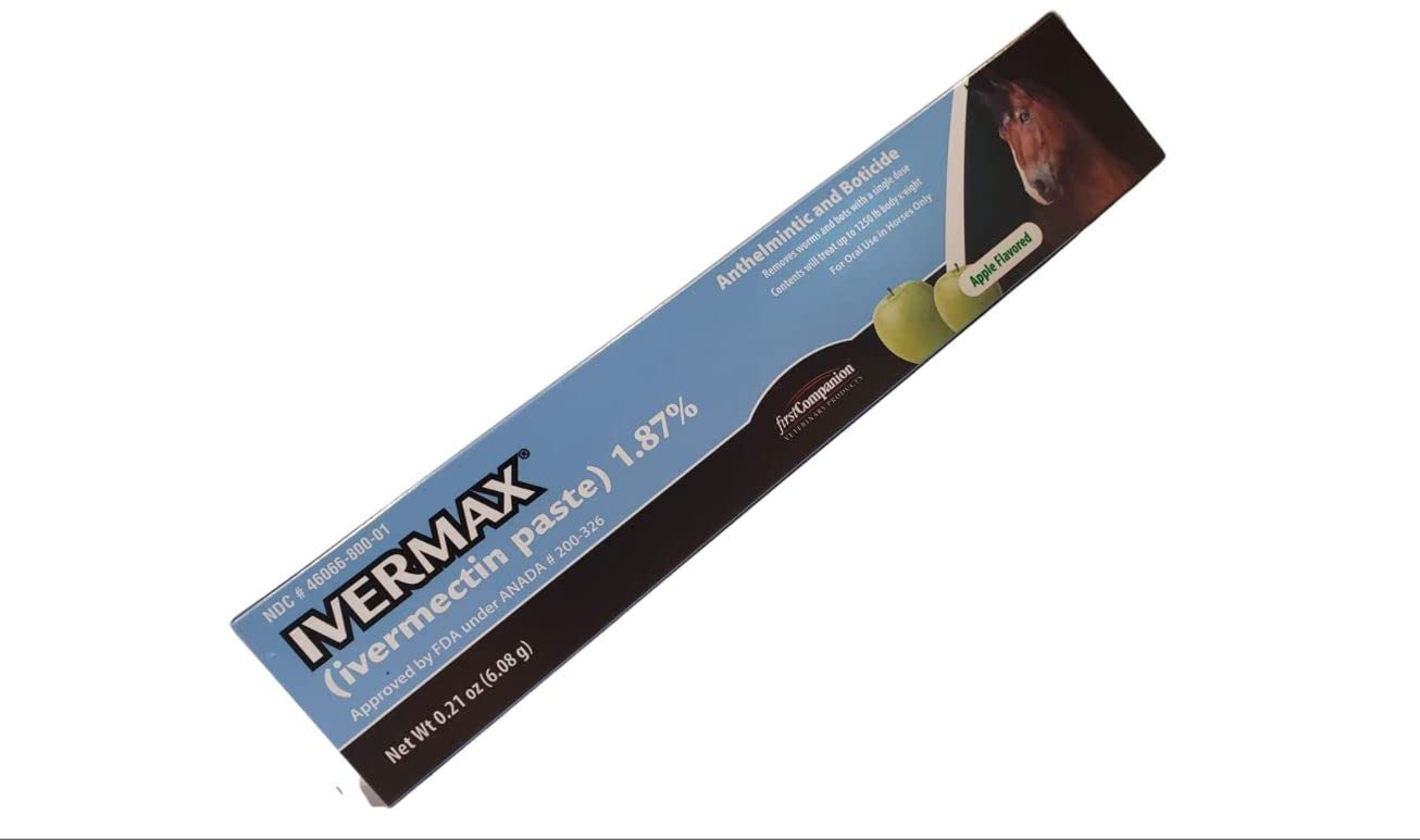 Ivermax paste dispensing tip shown for precise horse dosing.