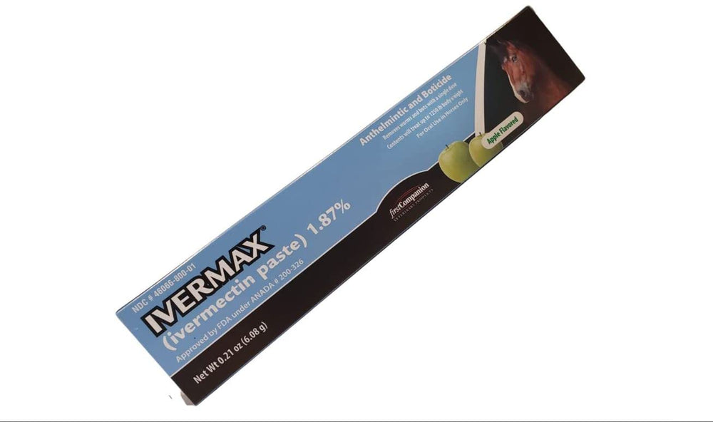 Ivermax paste dispensing tip shown for precise horse dosing.