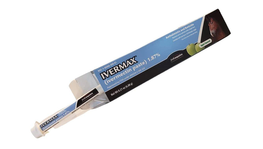 Ivermax label close-up showing ivermectin content for accurate dosing.
