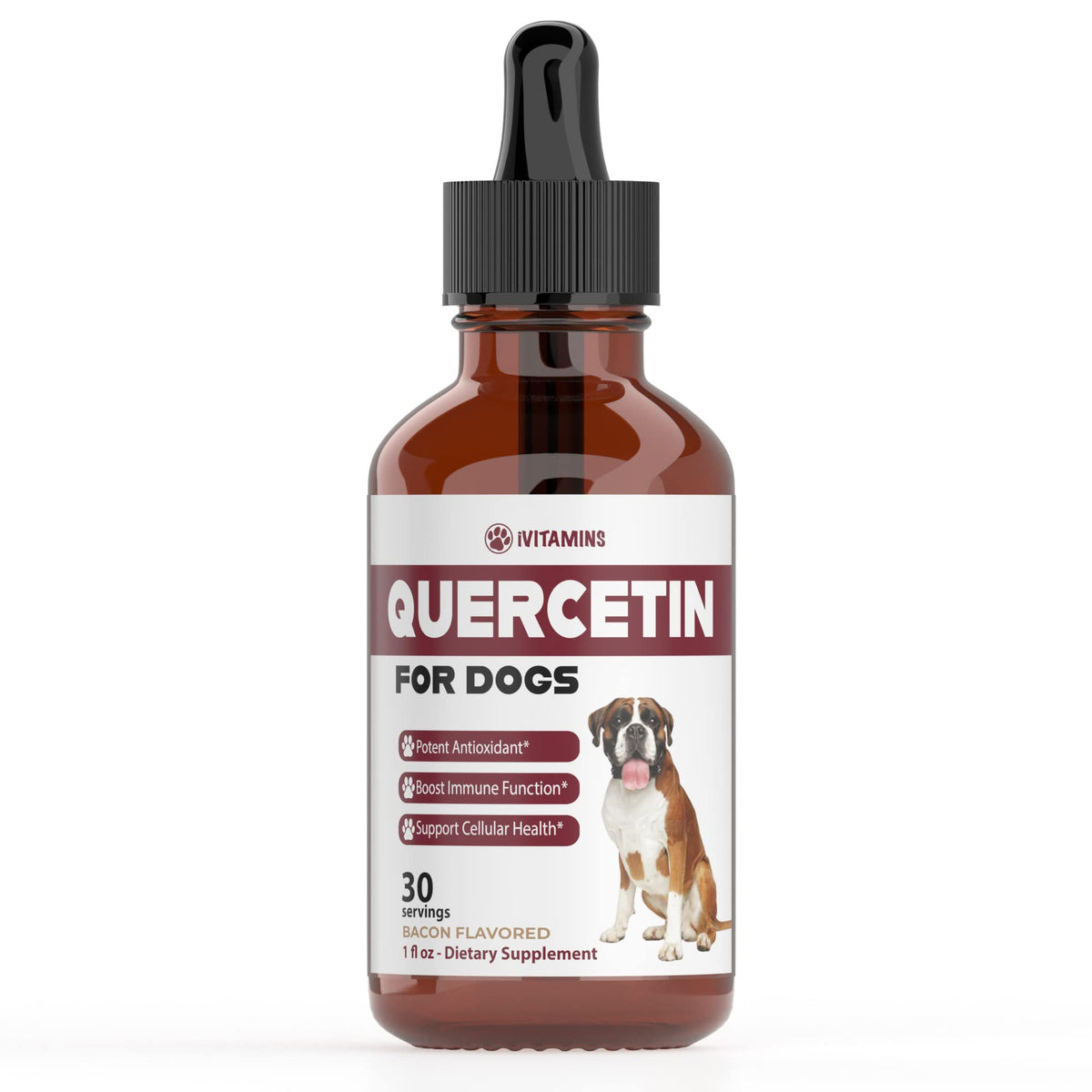 iVitamins Quercetin for Dogs bottle with dropper for easy administration and allergy support
