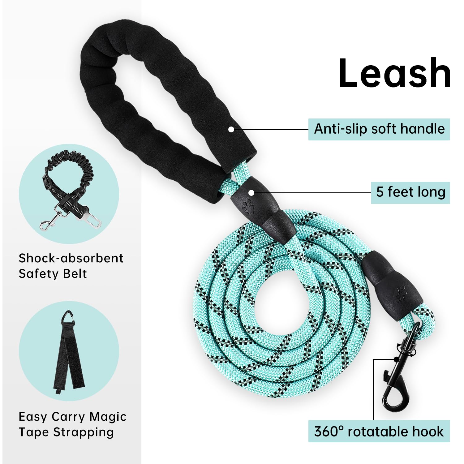 IVY&LANE turquoise leash integrated with harness for controlled walks.