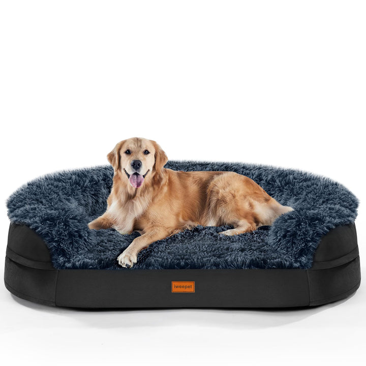 Iweepet black orthopedic bed close-up showing thick egg-crate foam for large dogs' comfort
