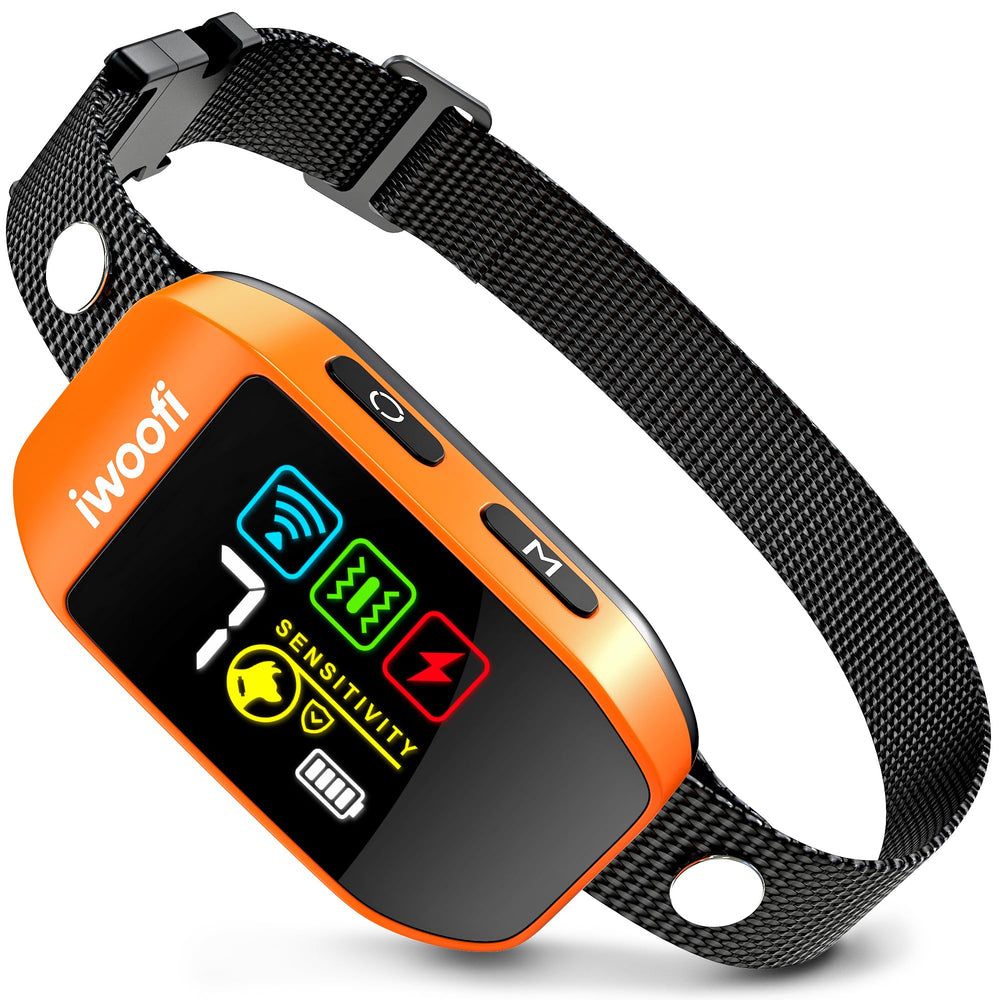 IWOOFI rechargeable bark collar close-up with auto-sensor for humane training