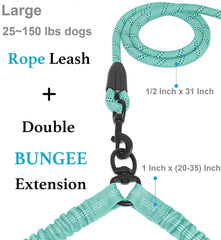 iYoShop dual dog leash showing bungee extension from 20 to 35 inches.