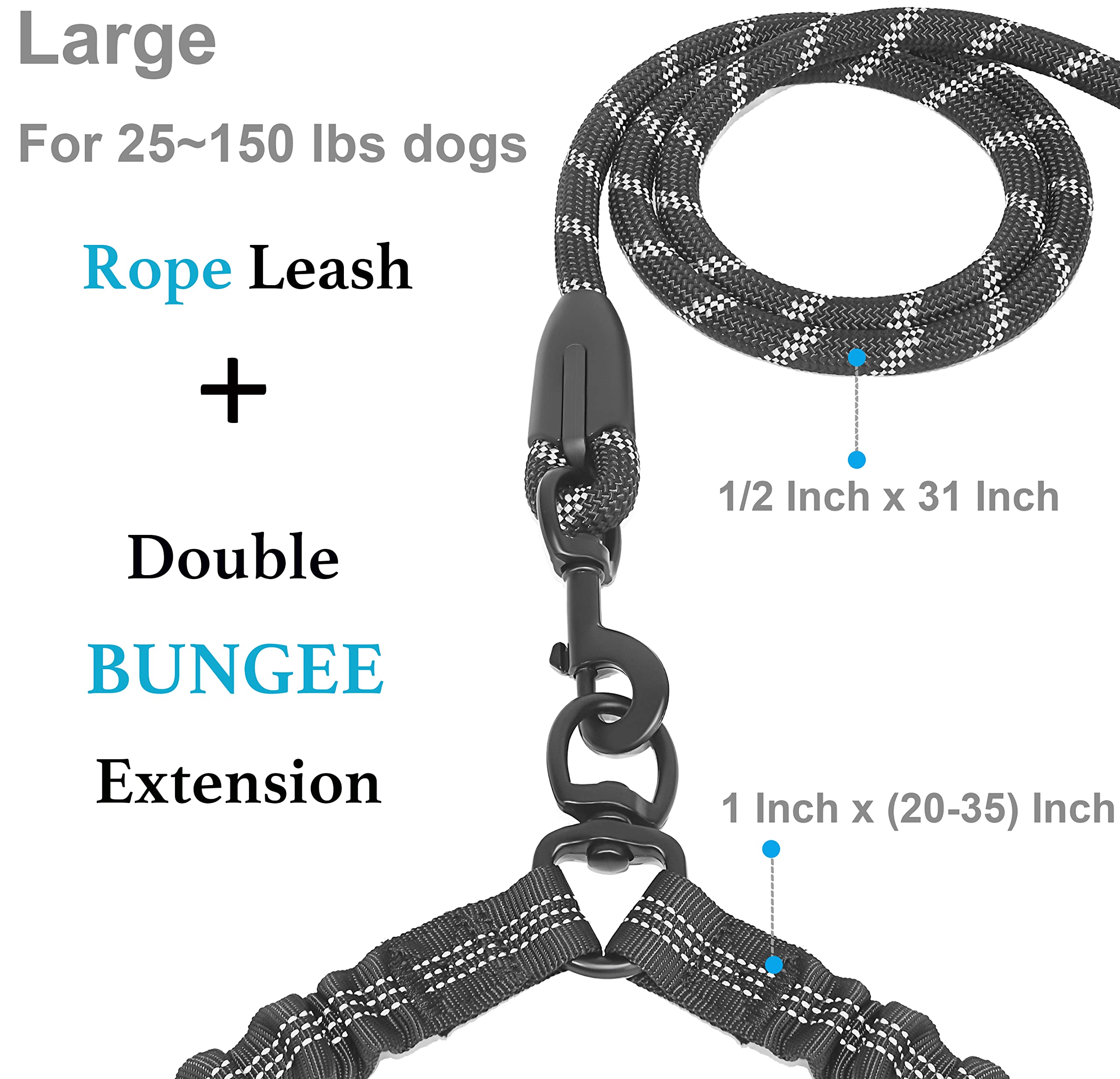 iYoShop Dual Dog Leash with double bungee extension provides comfortable stretch.