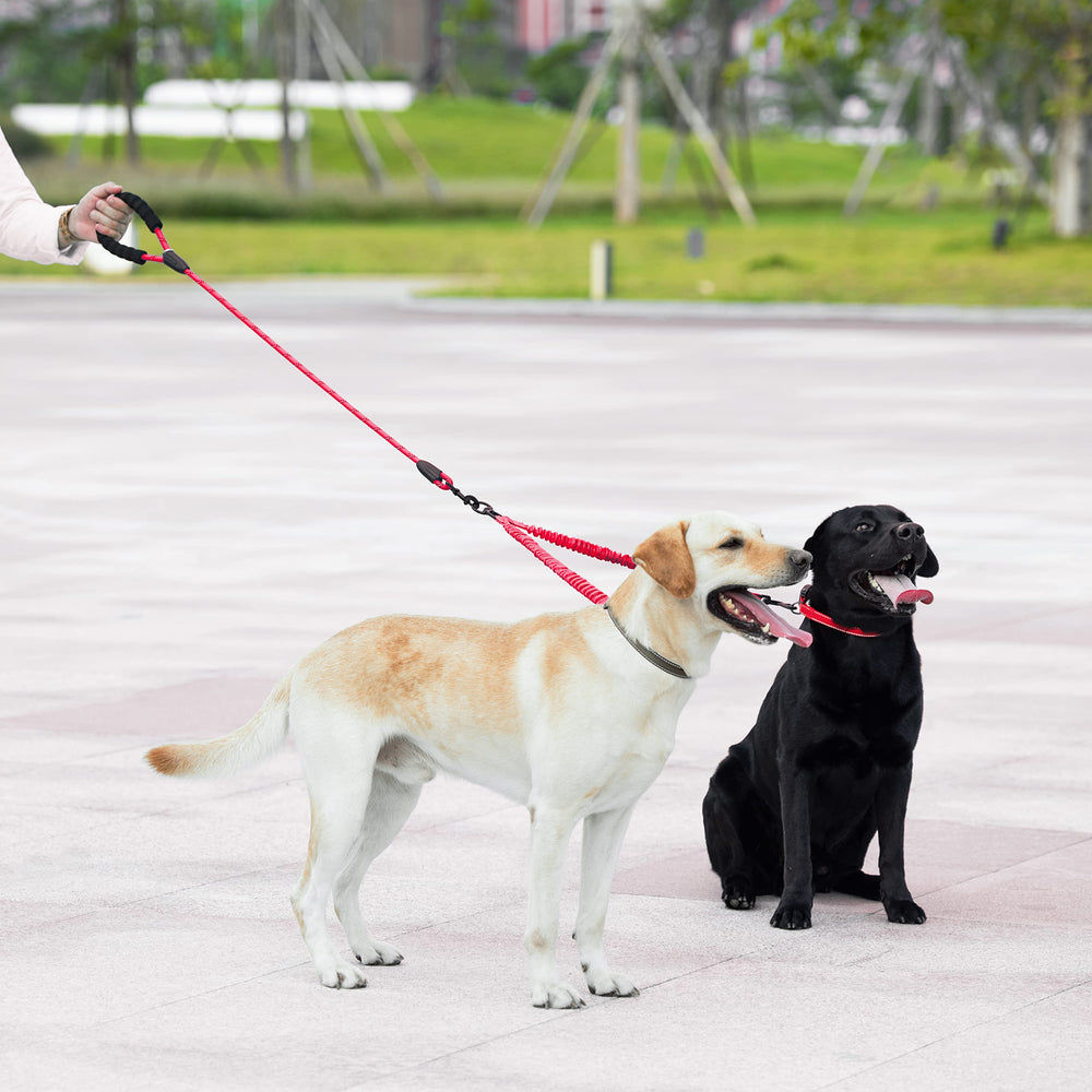 iYoShop Red dual dog leash shown for two-dog control in active walks.