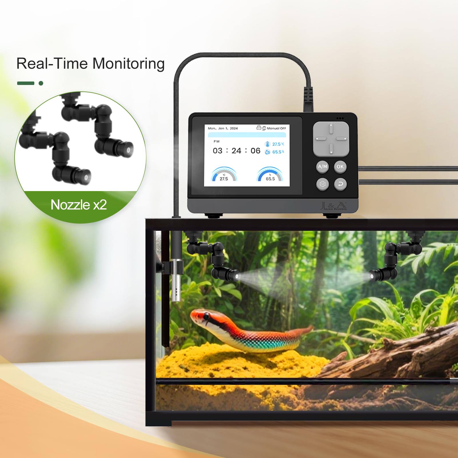 J&A mister with digital display for real-time terrarium monitoring and control.
