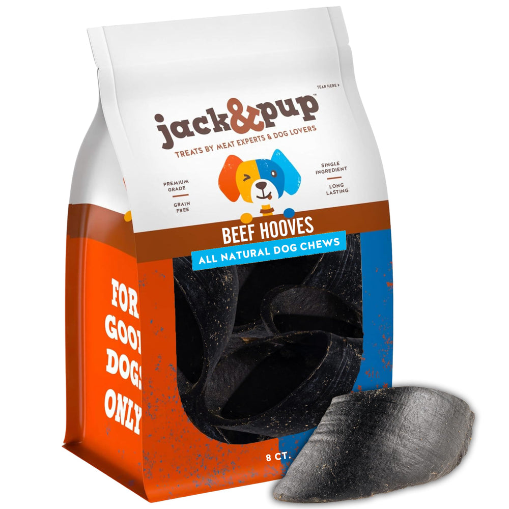 Jack & Pup cow hooves 8-pack packshot shows a natural, long-lasting chew.