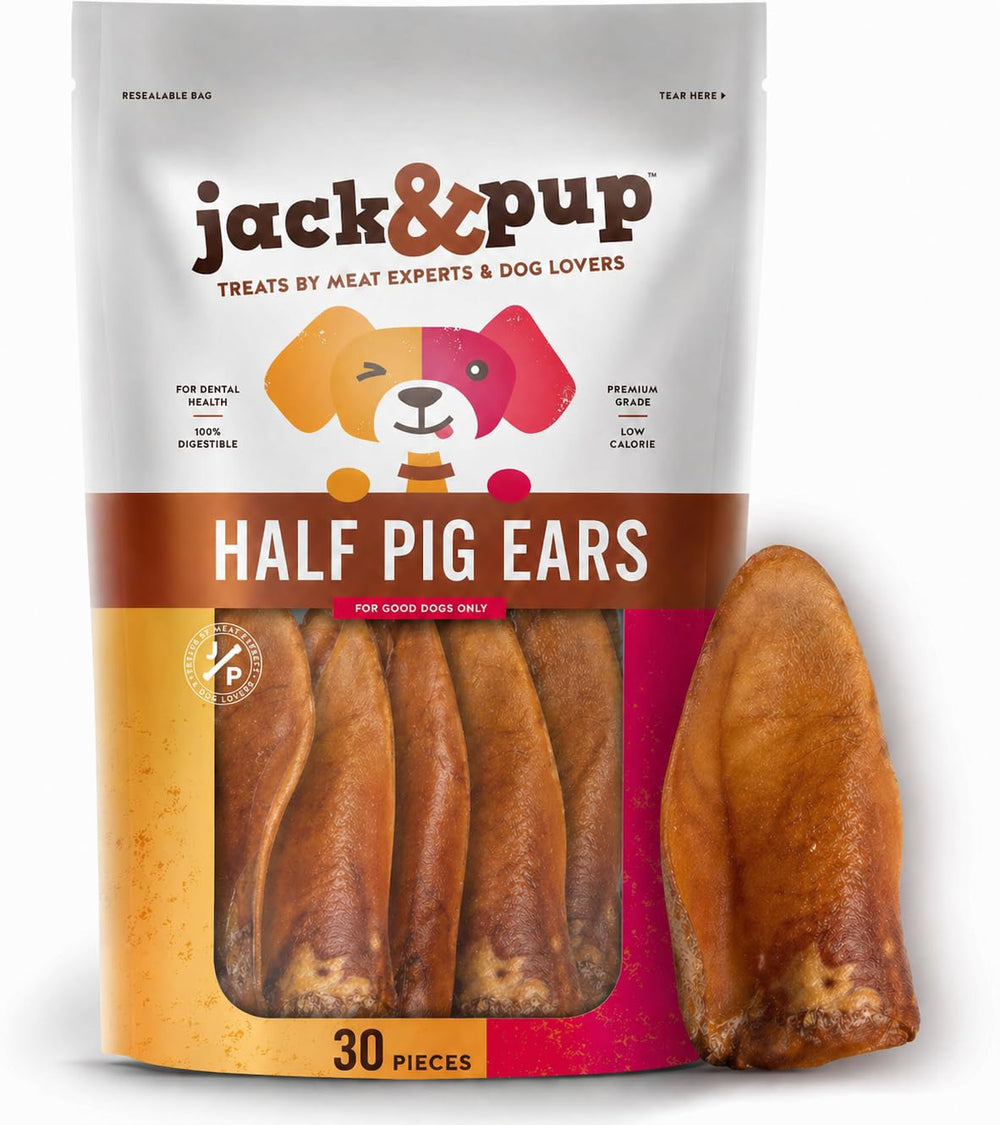 Jack&Pup Half Pig Ears 30-pack box view, premium chew treats for dogs.